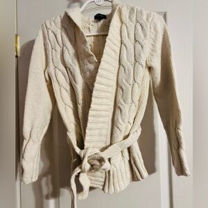 American Eagle Outfitters Cream Cable-Belted Shawl Collar Cardigan